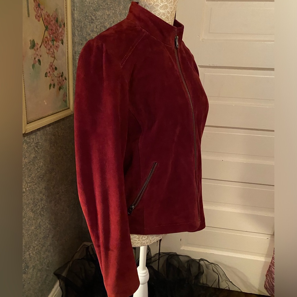Burgundy red goat suede Moto jacket puffed sleeve Lucky Brand size M great cond! - Picture 2 of 10